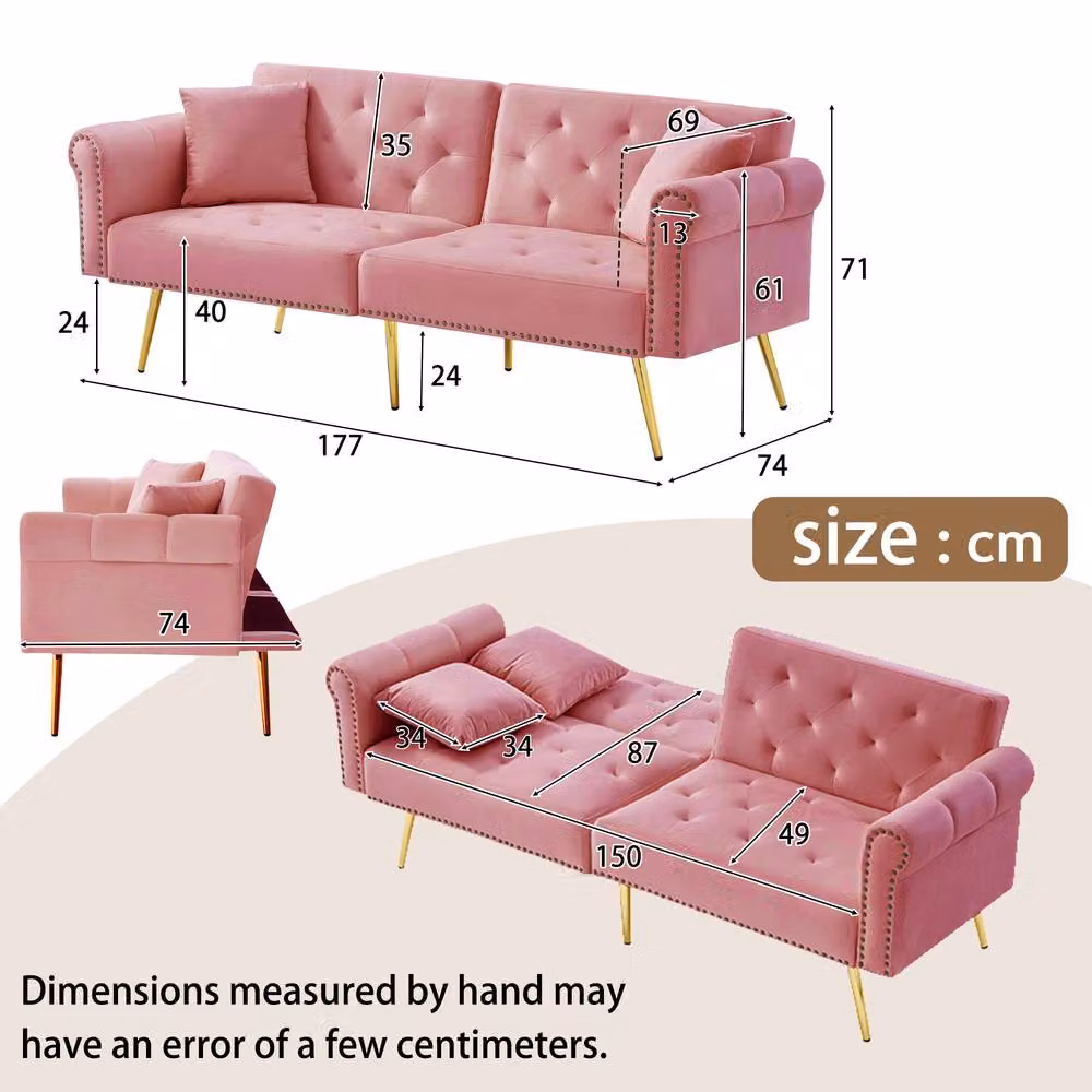 Merax Two Seater Velvet Sofa Bed in Pink with Adjustable Headrest and Scatter Cushions, W/D/H: 177 x 74 x 71 cm – 3