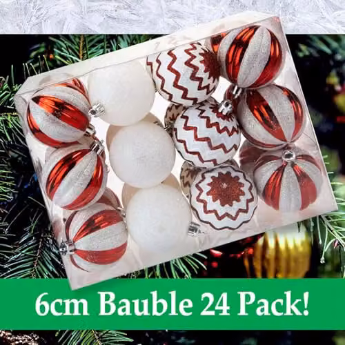 VFM e-Store Red and White Candy Cane Striped Baubles, 24 Pack, Diameter: 6 cm – 7