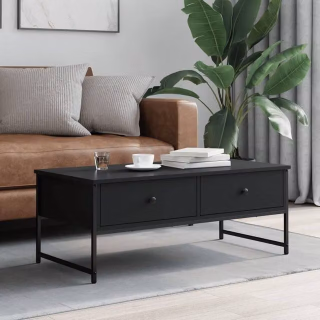 Berkfield Home Modern Black Rectangular Coffee Table in Engineered Wood W/D/H: 101 x 49 x 39.5 cm
