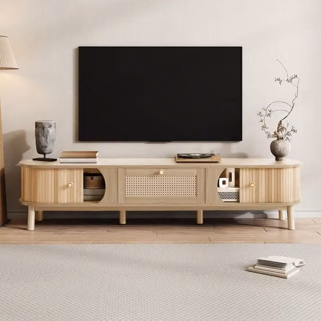 Merax Rustic TV Cabinet with Slatted Wood Doors and Rattan Drawers in Brown and Beige, W: 170 cm, D: 39.5 cm, H: 38 cm