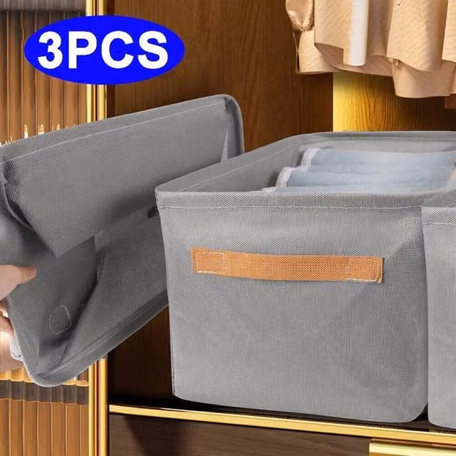 EONLION 3 Pack Large Foldable Fabric Storage Boxes with Handles, Grey, W/D/H: 50 x 50 x 50 cm