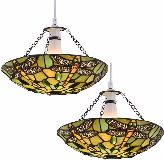 First Choice Lighting Laurel Set of 2 Green Multicolour Tiffany Dragonfly Glass Easy Fit Uplight Shades – 1