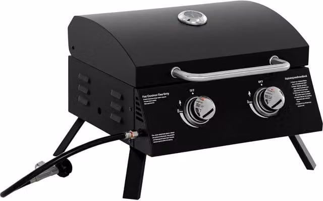 Rolipo 2 Burner Portable Tabletop Gas BBQ Grill with Lid and Thermometer, Black
