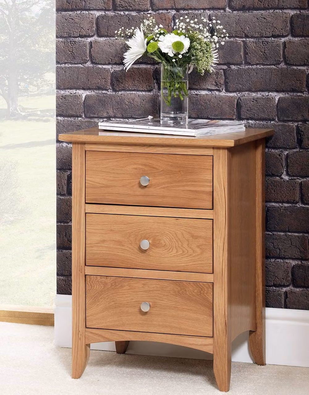 Statement Furniture Edward Hopper 3 Drawer Bedside Table in Brown Oak Wood and Metal – 3