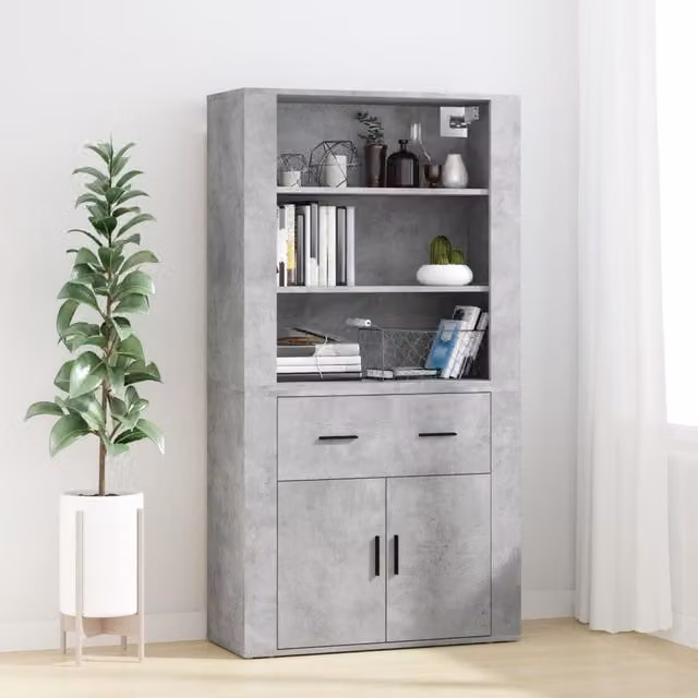 Berkfield Home Wall Mounted Highboard in Concrete Grey Matt MDF with Hinged Doors and Internal Shelves