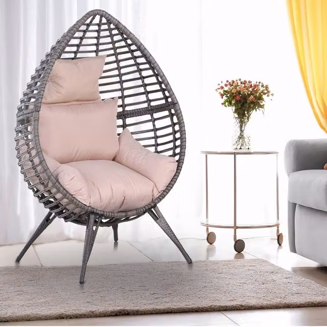 Outsunny Modern Pink Rattan Wicker Teardrop Chair with Metal Frame
