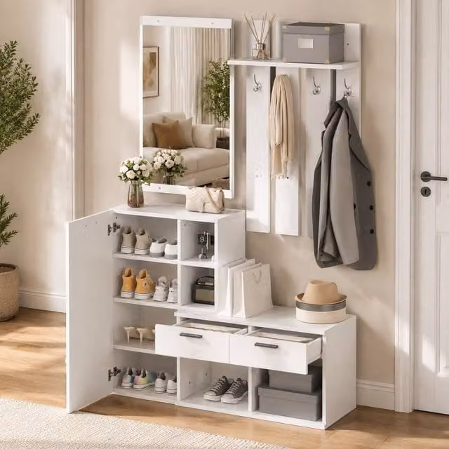 STILVORA White Modern Wardrobe with Mirror, Hooks and Shoe Storage