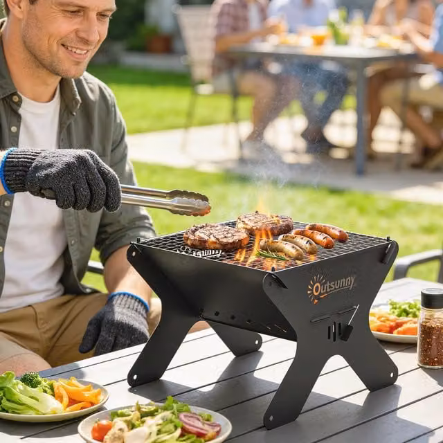 Outsunny 2-in-1 Portable Tabletop BBQ Grill and Camping Fire Pit, Black