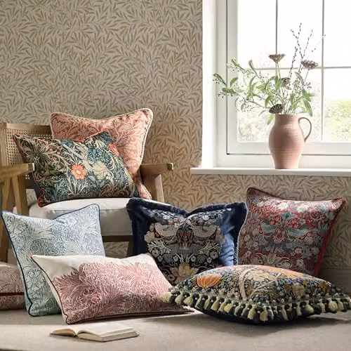 Morris & Co. Strawberry Thief Feather Rich Filled Jacquard Velvet Cushion, Berry, W/D/H: 55 x 55 x 55 cm – 5