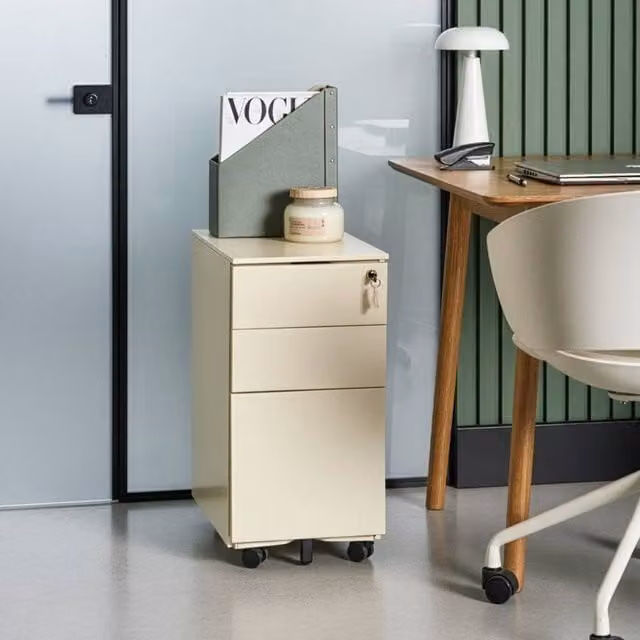 Wyld and Coco Beige Glossy Metal Storage Cabinet with 3 Internal Drawers and Key Lock – 1