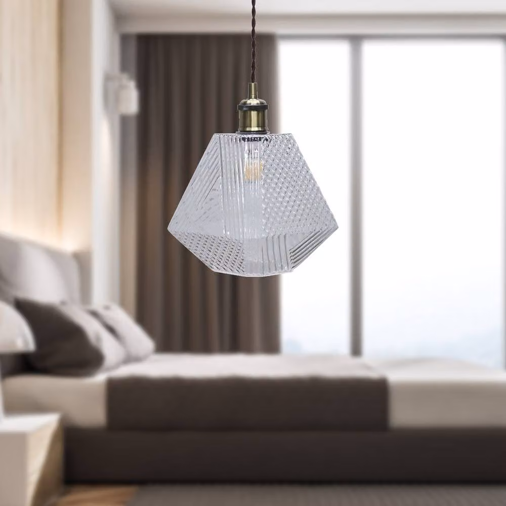 First Choice Lighting Lens Antique Brass and Bronze Pendant Light with Clear Textured Glass, Height Adjustable – 3