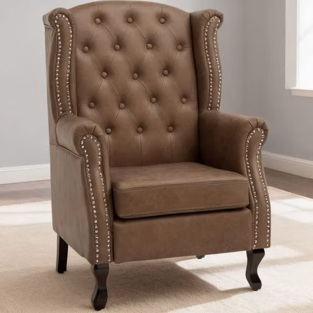 ERGOVEXA Brown Tufted Chesterfield-style Wingback Accent Chair with Synthetic Leather and Solid Wood Frame, W/D/H: 70.0 x 72.0 x 108.0 cm – 1