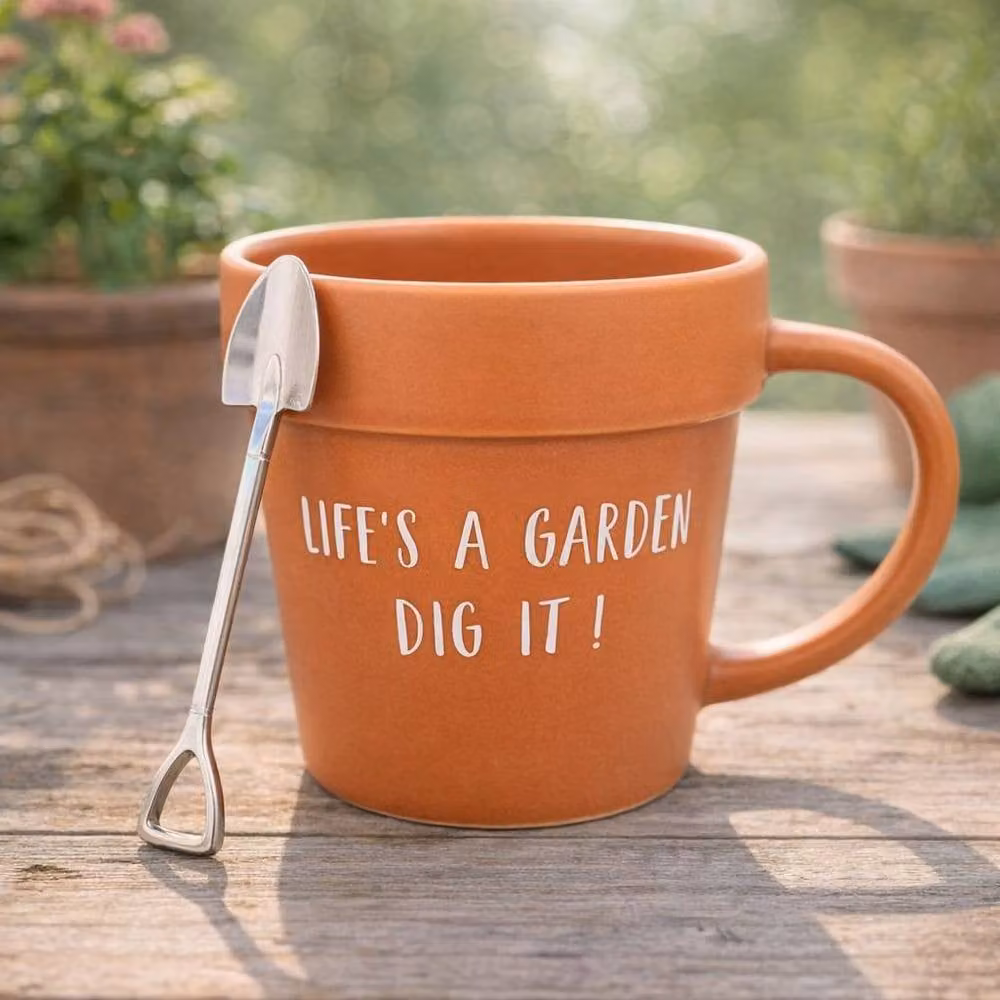 Lesser & Pavey Life's A Garden Plant Pot Mug and Shovel Tea Spoon Gift Set in Terracotta, 250ml – 3