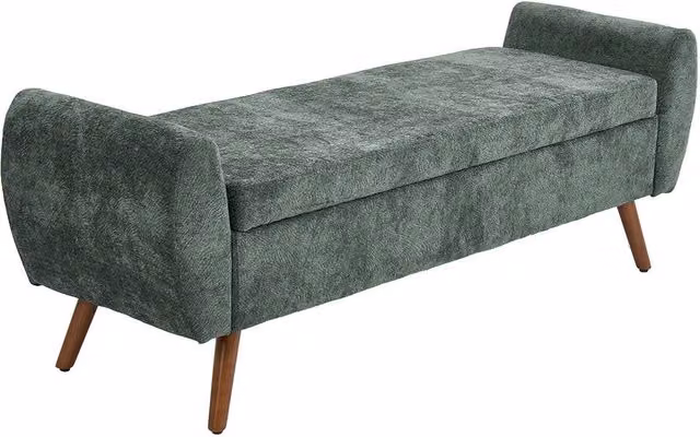 Living and Home Mid-Century Modern Upholstered Storage Bench in Green with Walnut Wood Frame
