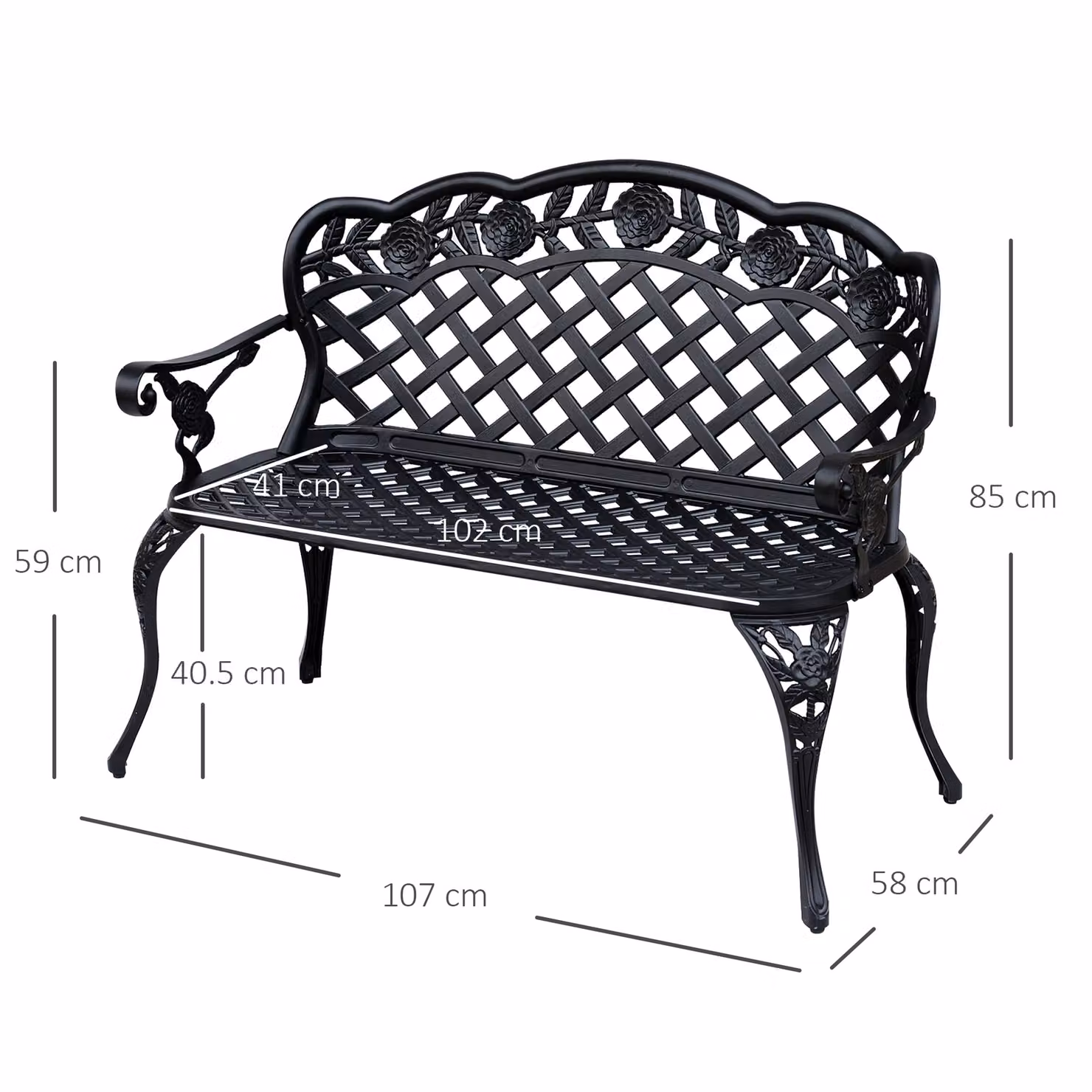 Outsunny Antique Style 2 Seater Cast Aluminium Garden Bench with High Back and Armrests, Black – 3