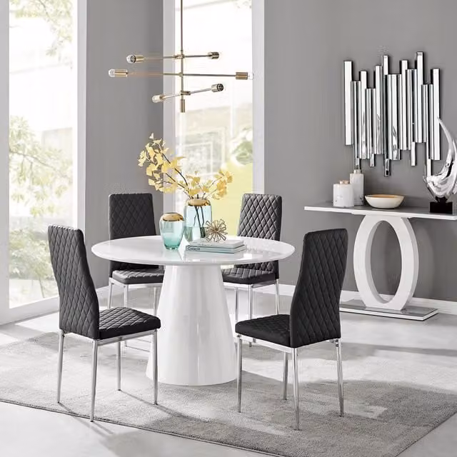 FurnitureboxUK Palma White High Gloss Round Dining Table and 4 Milan Chrome Leg Chairs in Black