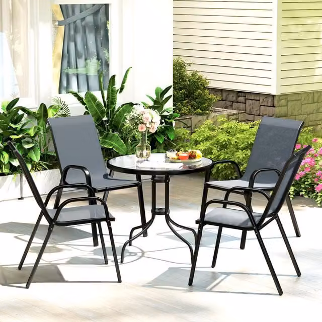 Outsunny Modern Garden Furniture Set with Round Glass Table and Stackable Chairs in Dark Grey