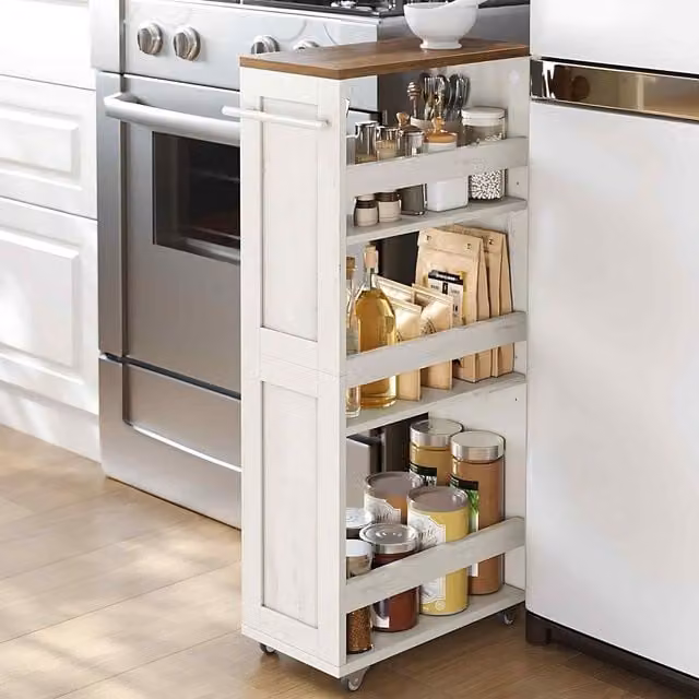 The Bazaarist Narrow Rolling Storage Cart with 4 Shelves in Rustic White and Honey Brown