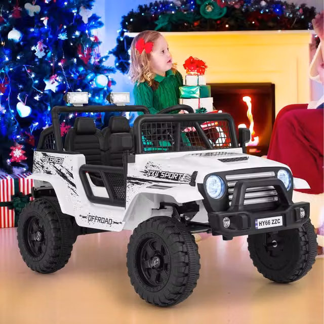 Costway White Electric Ride On Jeep Car Toy with Rechargeable Battery