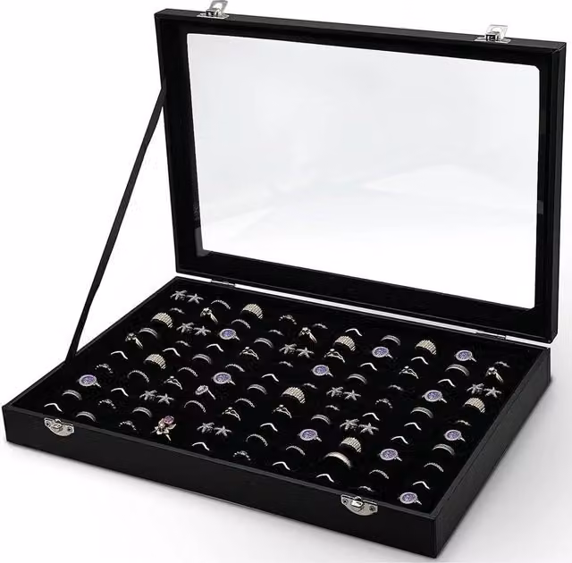 FLAVORA 100 Slot Ring and Earring Jewelry Display Organizer Box in Black, W: 50 cm, D: 50 cm – 1