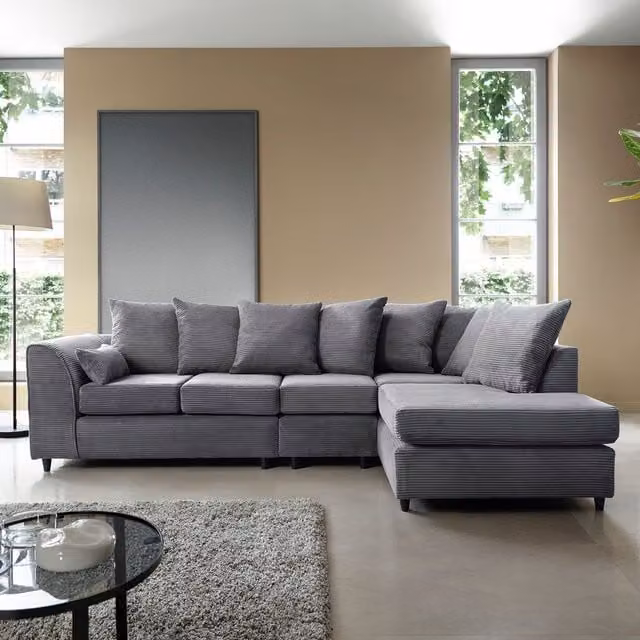 Abakus Direct Large L-Shaped Corner Sofa in Grey Jumbo Cord, Right Facing, W272 x D164 x H90 cm