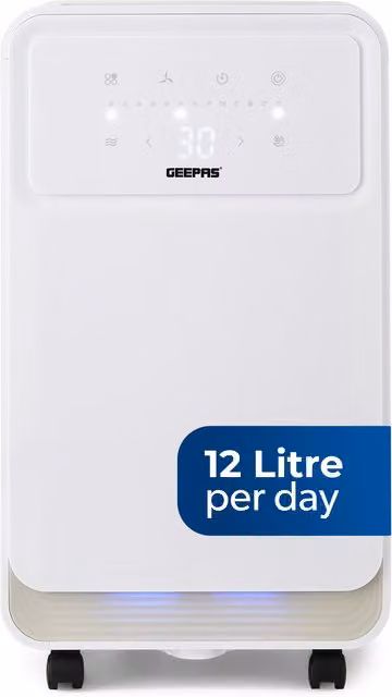Geepas 12L Dehumidifier in White with 2L Tank, Digital Display, 24H Timer and Continuous Drainage