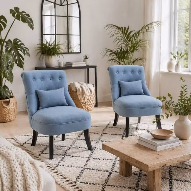 Wyld Haus Zilono Set of 2 Blue Armless Button Tufted Tub Chairs in Linen Look Fabric – 1