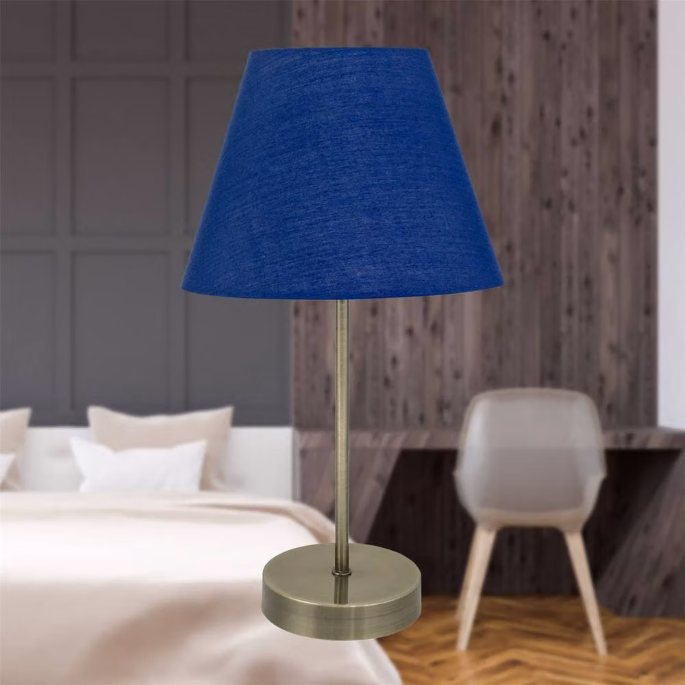 First Choice Lighting Antique Brass Stick Table Lamp with Blue Fabric Shade in Bronze – 3