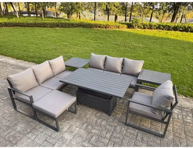 Fimous 8-Seater Aluminium Sofa Dining Set with Height-Adjustable Lifting Table and 2 Side Tables in Matt Dark Grey