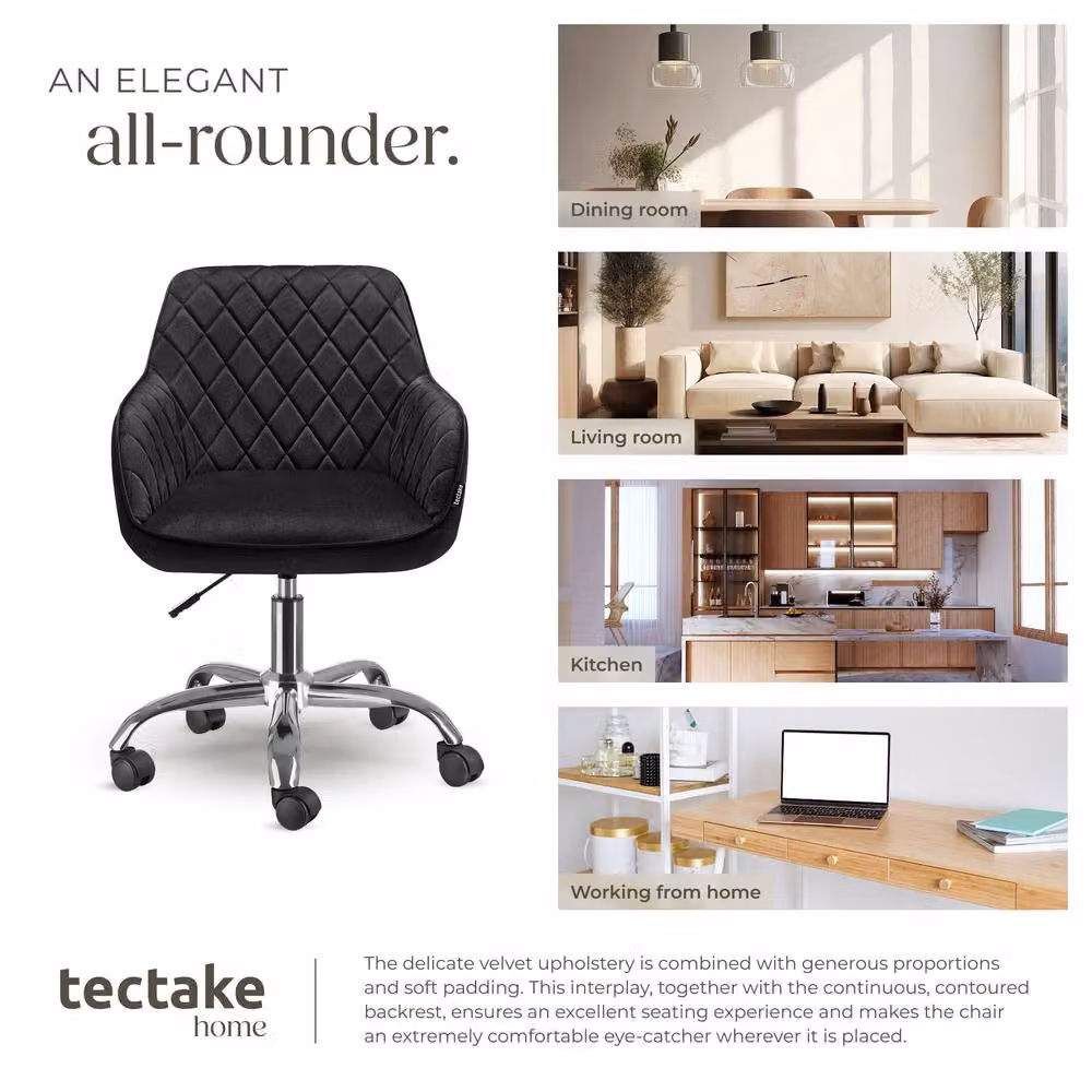 Tectake Nancy Modern Swivel Task Chair with Velvet Upholstery and Castors, Black – 7