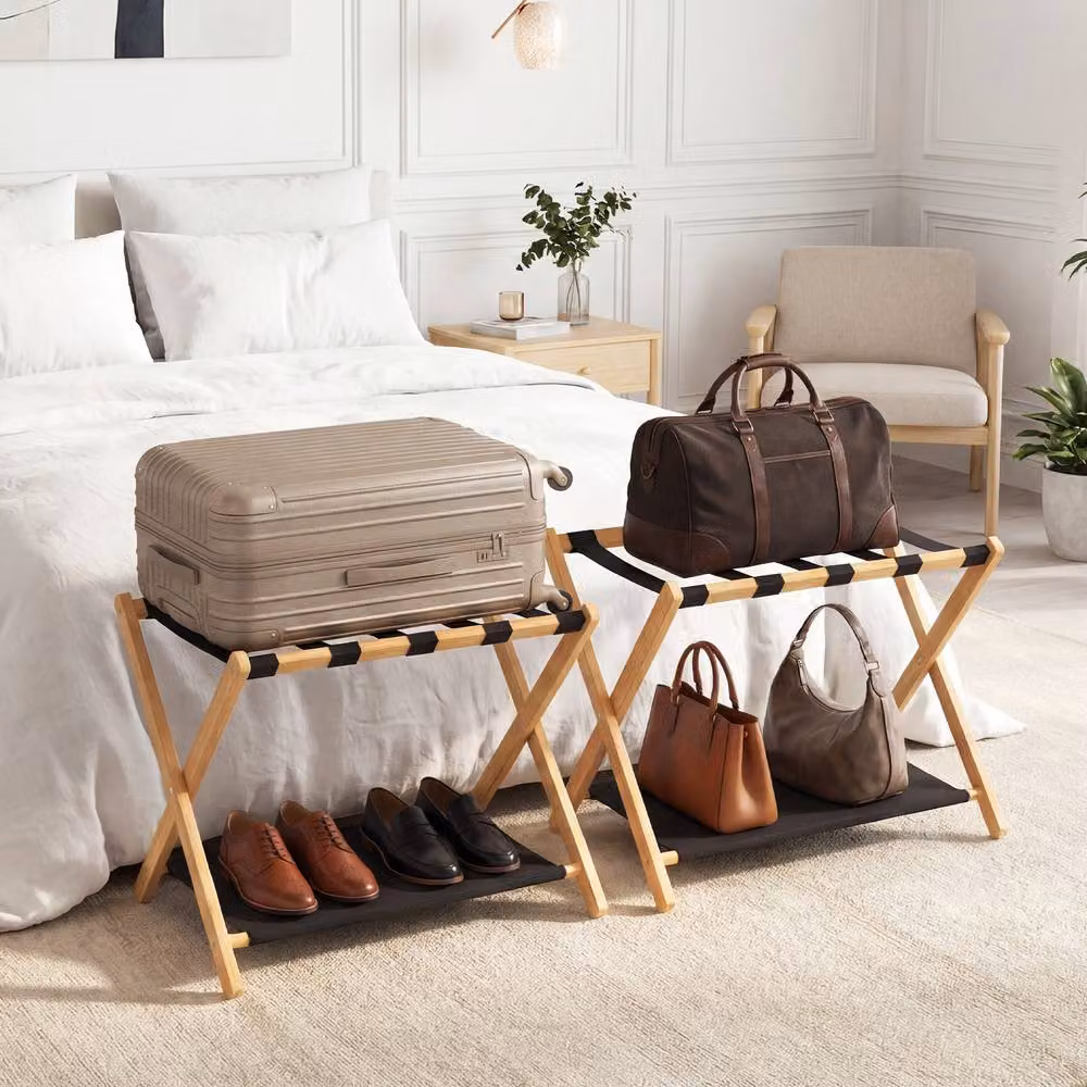 Gymax 2-Piece Bamboo Folding Luggage Racks with Storage Shelves in Brown – 4