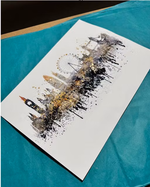 Pics and Squiggles Abstract London Skyline Paper Poster in Black, Gold and Multicolour