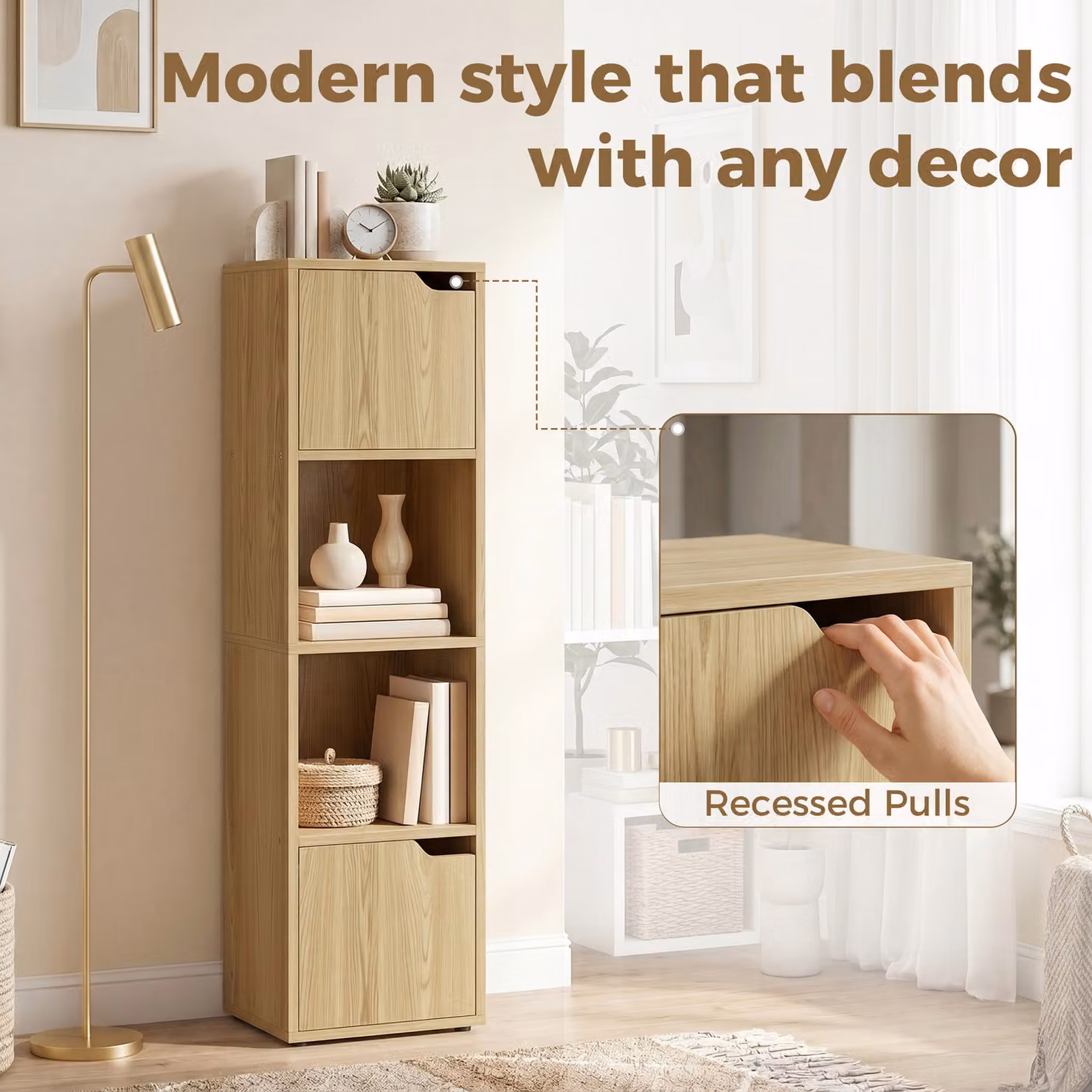 HOMCOM 4-Tier Narrow Oak Wood Bookcase and Storage Cabinet in Brown – 3