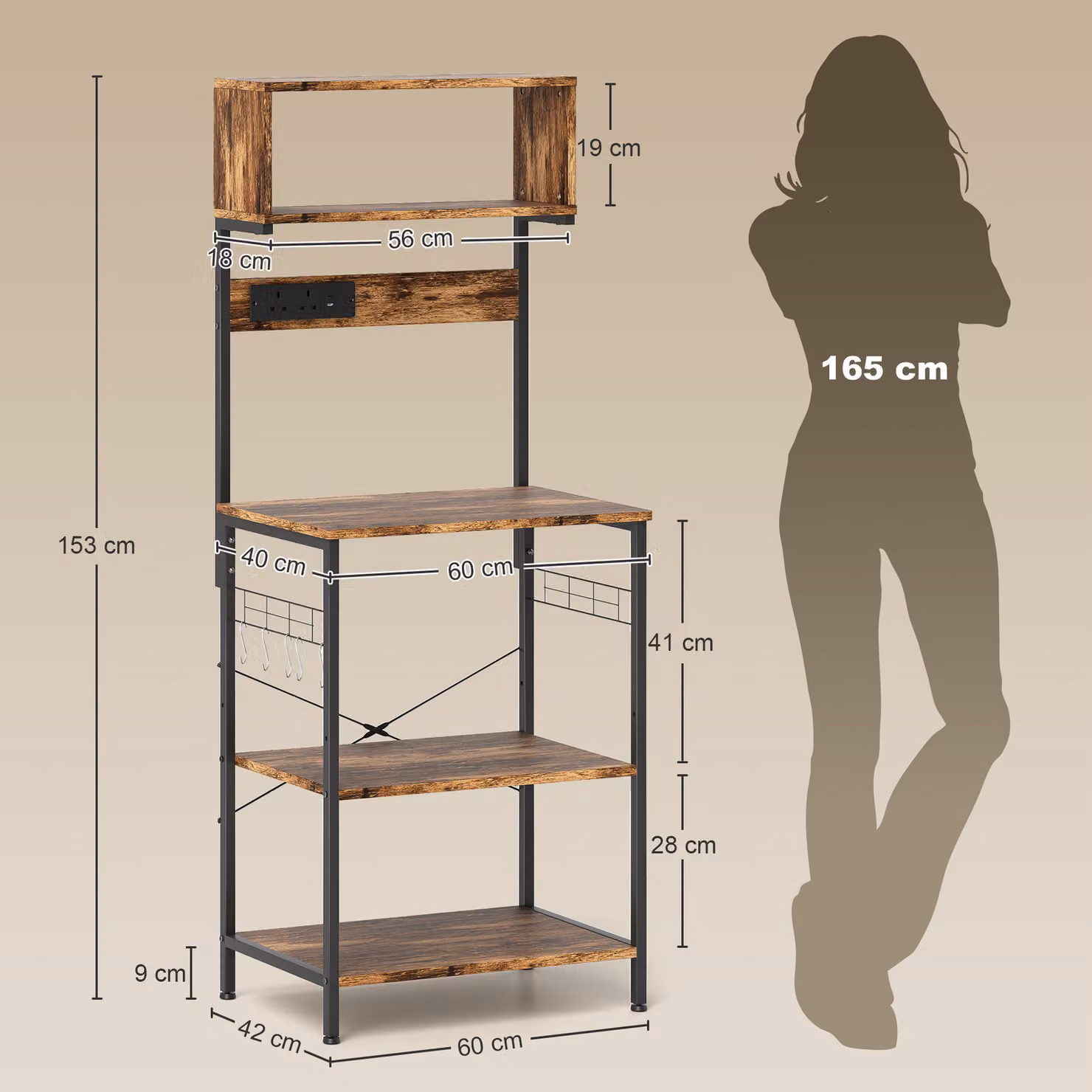 HOMCOM Bakers Rack with Power Outlet and USB Charger, Rustic Brown Kitchen Storage Unit with Adjustable Shelves and 5 Hooks – 3