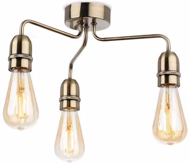 Netlighting Leon Industrial 3 Light Flush Ceiling Fitting in Antique Brass and Gold