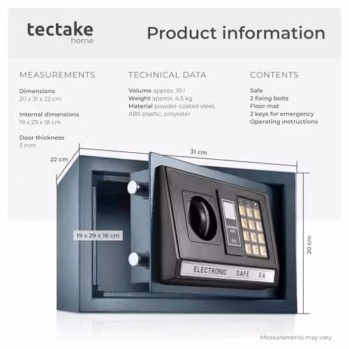 tectake High Security Electronic Digital Safe with Combination Lock, LED Display and Emergency Keys, Black, W: 20 cm, D: 31 cm, H: 22 cm – 6