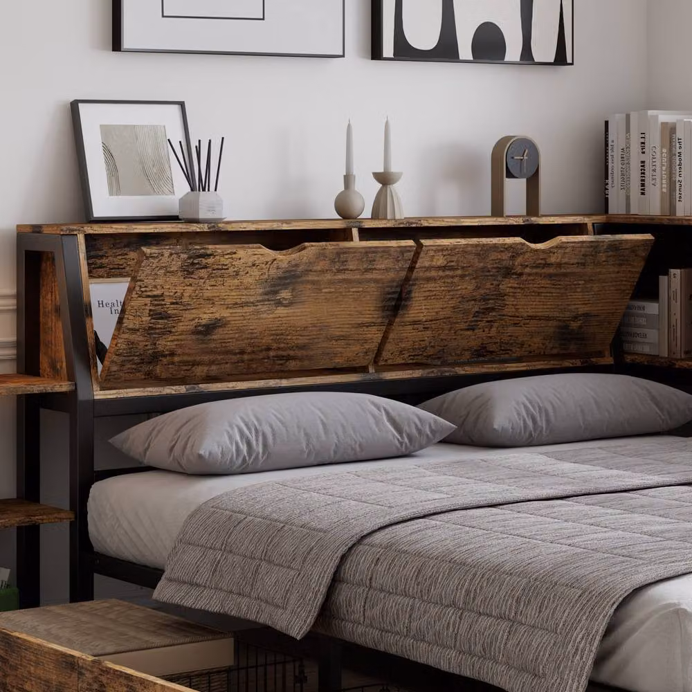 BTM Modern Metal Double Bed Frame with Storage Drawers, Brown, W/D/H: 140 x 200 x 85 cm – 3