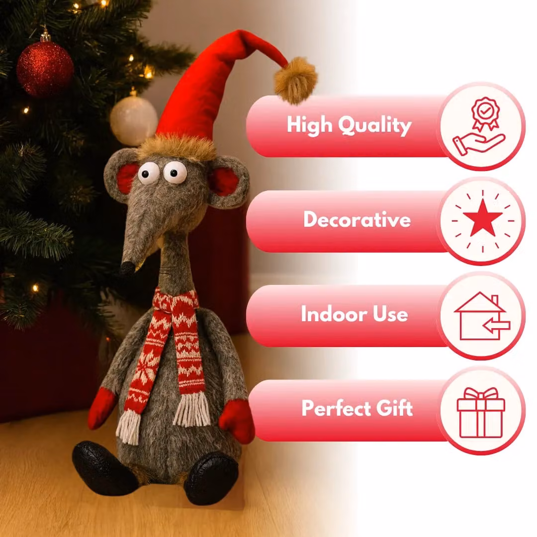 Marco Paul Red and Multicolour Christmas Rat Soft Plush Tabletop Decoration, Height: 67 cm – 3