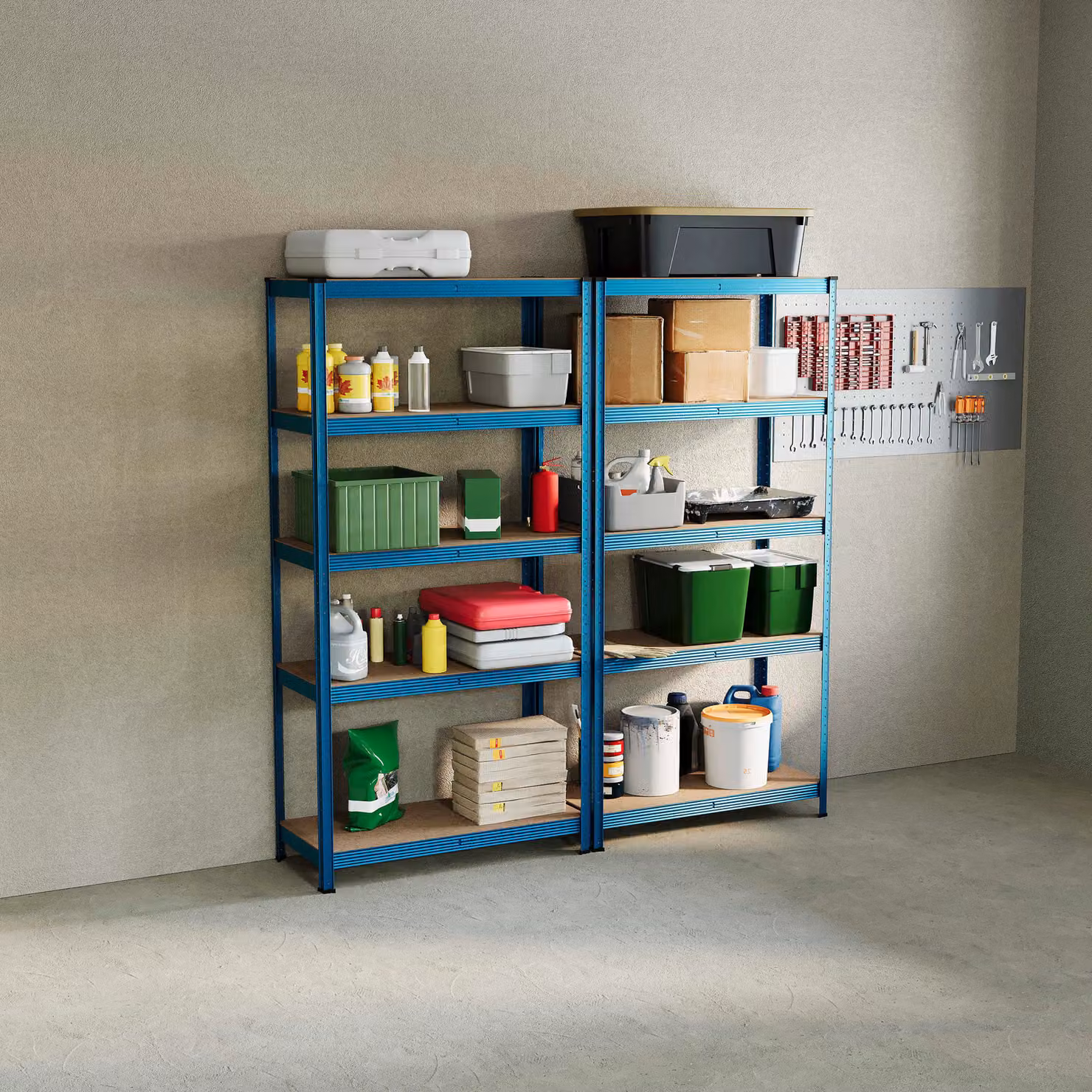 Vida Set of 2 Heavy Duty 5 Tier Garage Shelves and Work Benches in Blue, W/D/H: 150 x 70 x 70 cm – 2