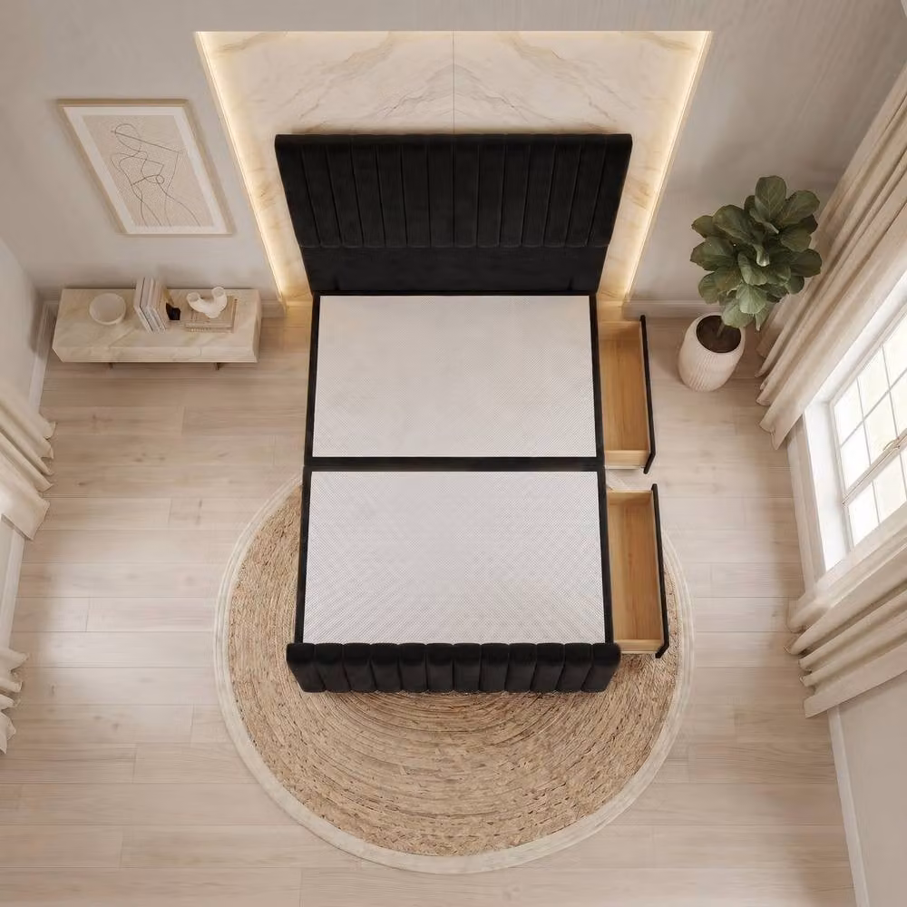 Somnior Eleanor Velvet Divan Base with 2 Drawers, 54 inch Headboard and 22 inch Footboard, Black, W/D/H: 120 x 200 x 76.2 cm – 3
