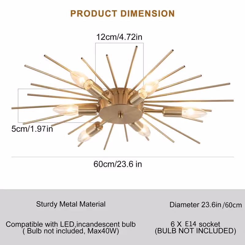 Garwarm 6 Light Dimmable Flush Mount Ceiling Light in Gold/Brass, Diameter: 60 cm – 3