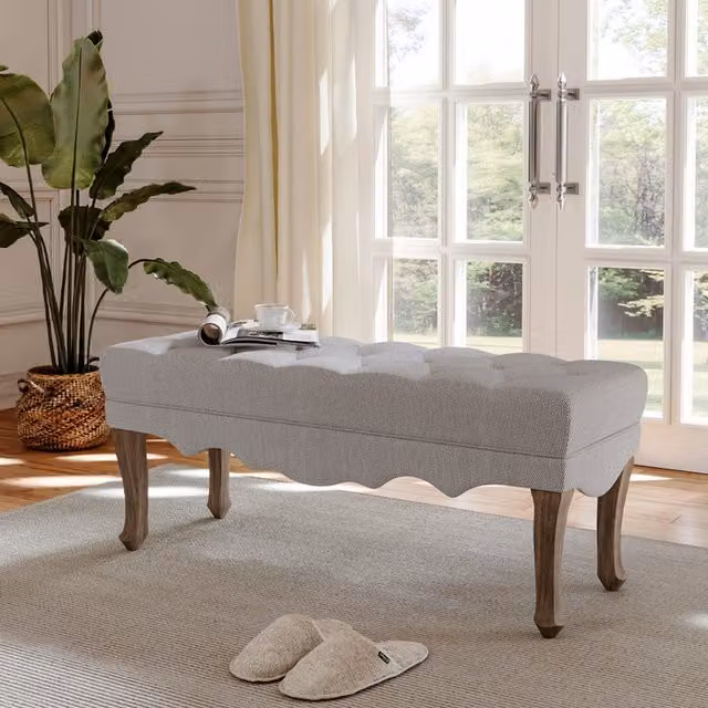Livingandhome Upholstered Linen Stool Bench with Cabriole Legs in Beige