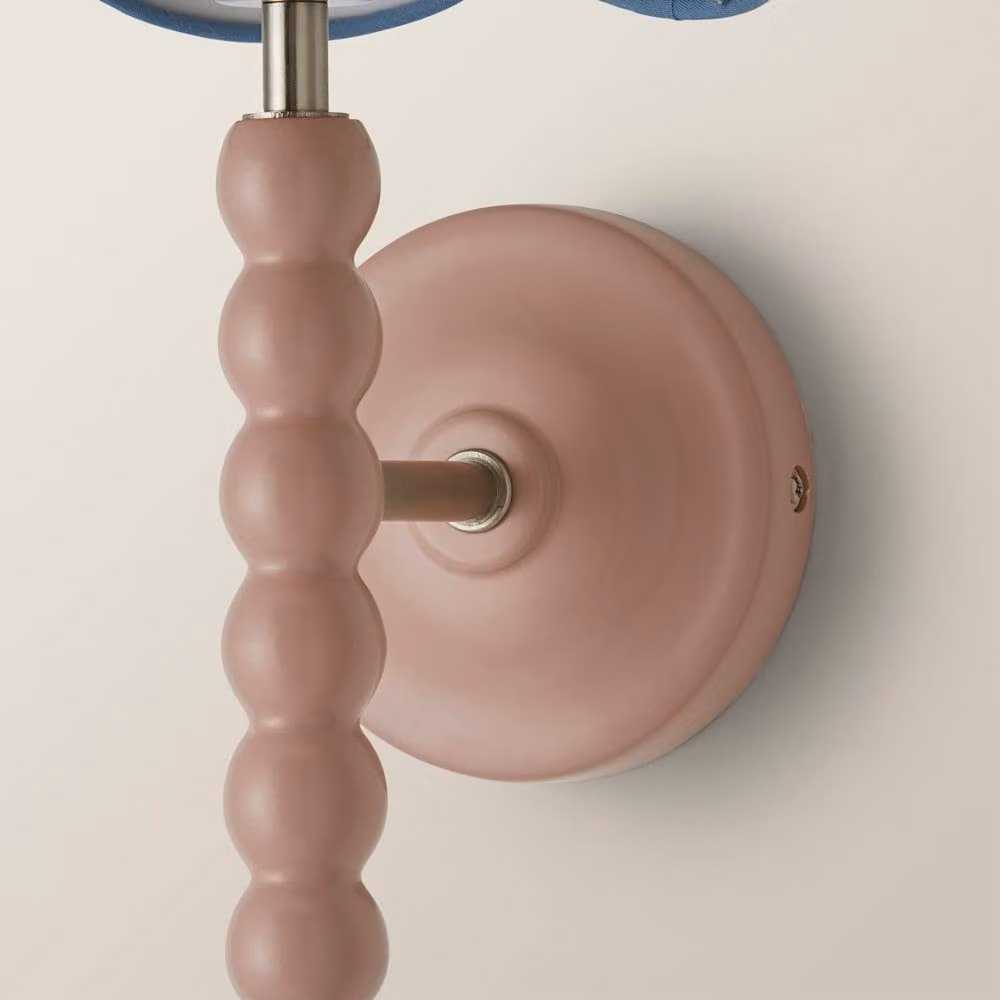 ValueLights Bobbins Pair of Pink Wood Wall Lights with Blue Fabric Scallop Shades – 3
