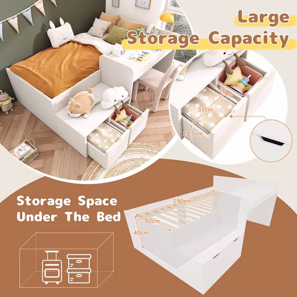 Merax Single Kids Bed Frame with Desk and Storage Drawers in White, W/D/H: 90 x 190 cm – 3