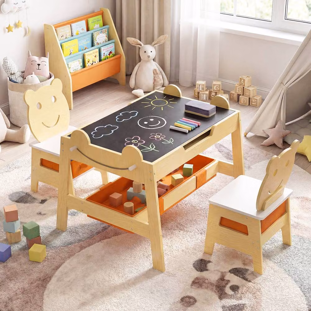 Costway Versatile Kids Table and 2 Chairs Set with Reversible Folding Wooden Activity Board in Natural Wood – 2