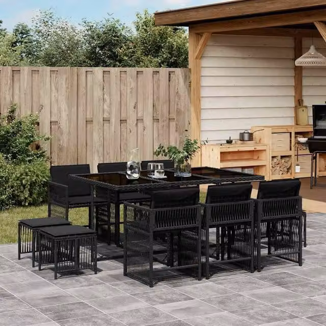 Berkfield Home 11 Piece Garden Dining Set with Black Poly Rattan and Cushions