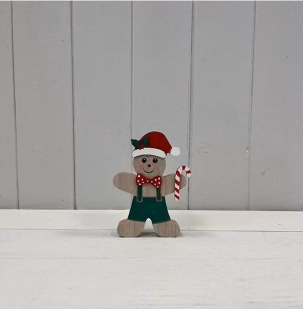KDMD Wooden Gingerbread Kid Christmas Decoration with Candy Cane and Green Dungarees in Multicolour