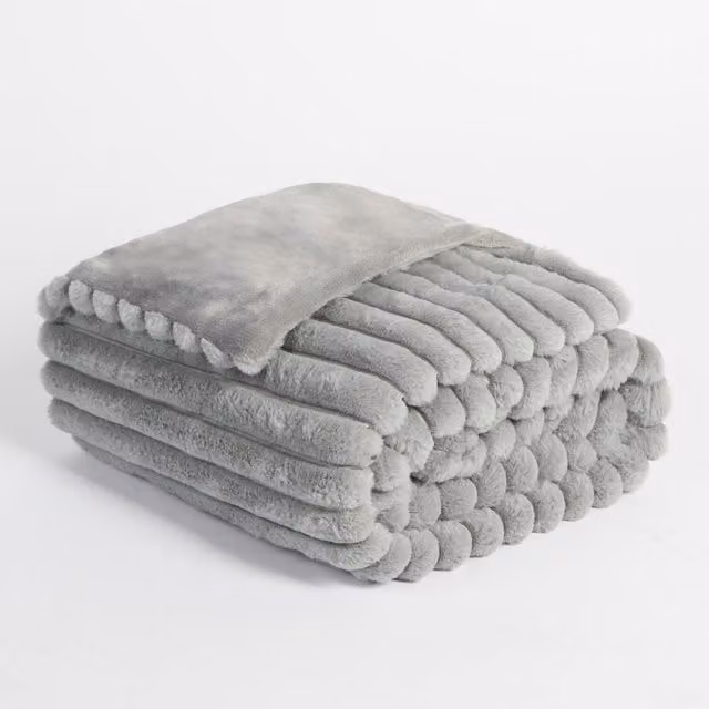 OHS Grey Faux Fur Thick Ribbed Throw