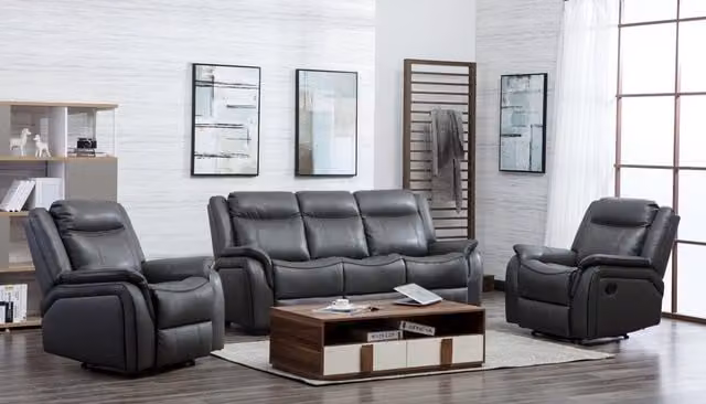 Furnishings For Less UK New Hampshire 3 Piece Sofa Suite in Grey Leatherair Leather with 3 Seater Sofa and 2 Reclining Armchairs – 1