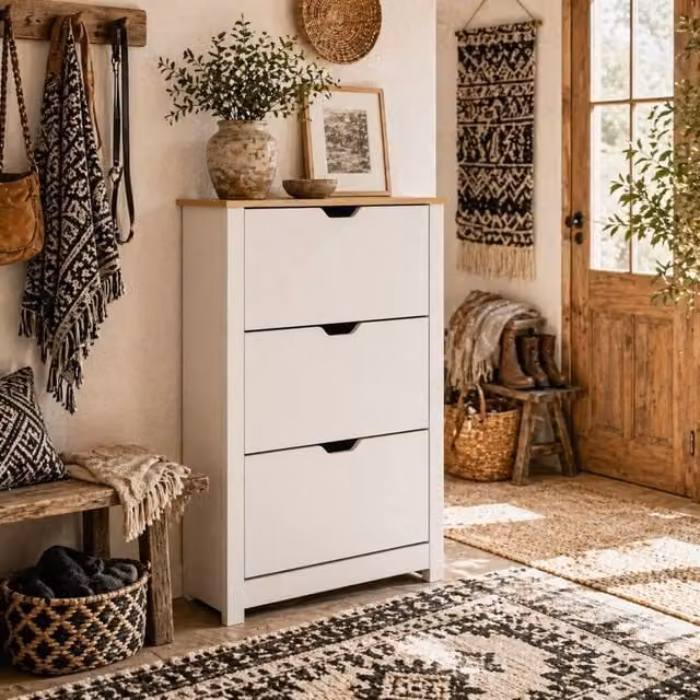 Wyld Haus Rokeha Narrow White Shoe Cupboard with 3 Tilt Out Drawers for up to 18 Pairs